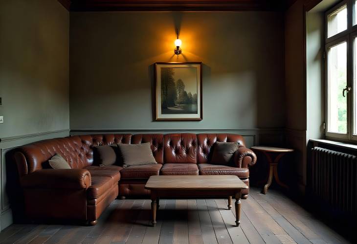 Vintage Lounge with Leather Couch, Wood Table, and Elegant Lighting